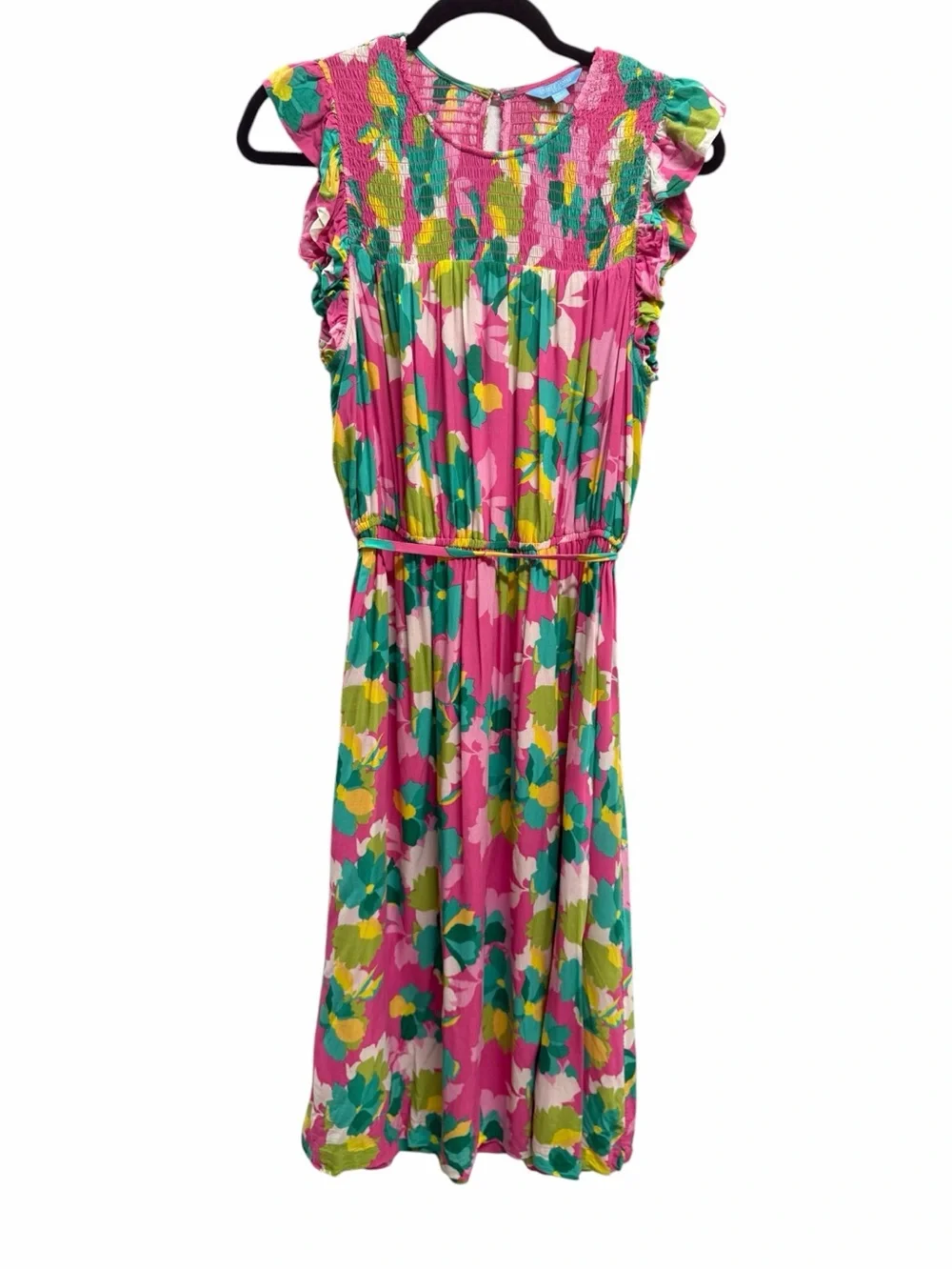 Draper James Floral Sundress Pink Smocked Midi Dress Ruffle Sleeve Belted Large
